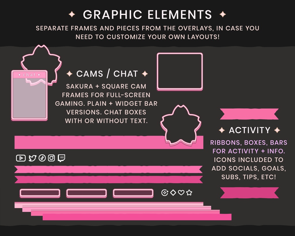 配信画面パック・さくらピンク色の桜ビデオとOBSのオバーレイ・かわいい花のデザイン