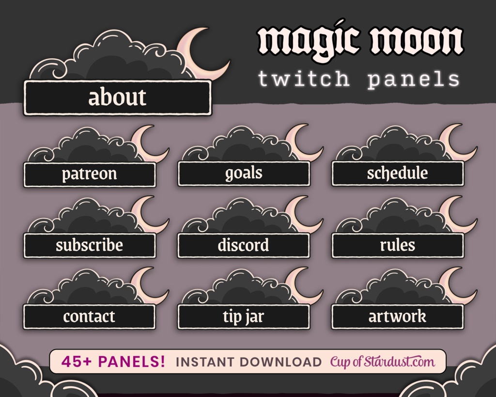 ブラックの魔法の月と雲Twitchパネル素材セット|かわいい配信バナー&装飾