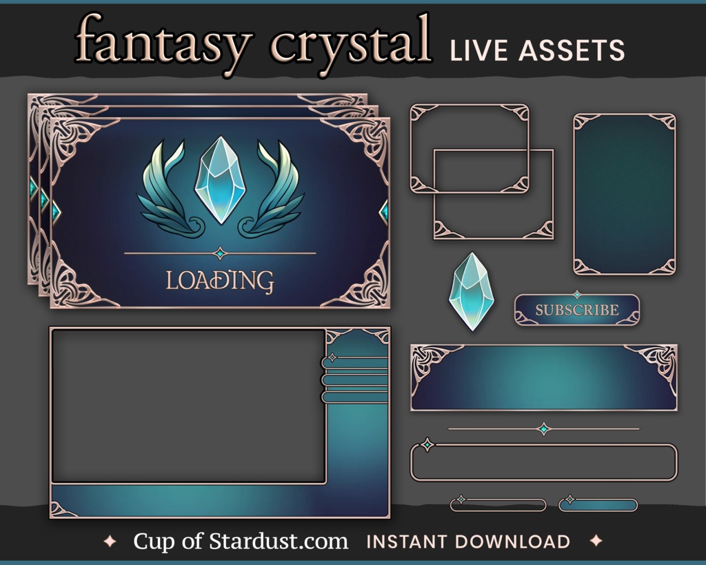 クリスタルファンタジー配信素材キット|豪華なTwitchオーバーレイ・VTuber背景・開始動画付き