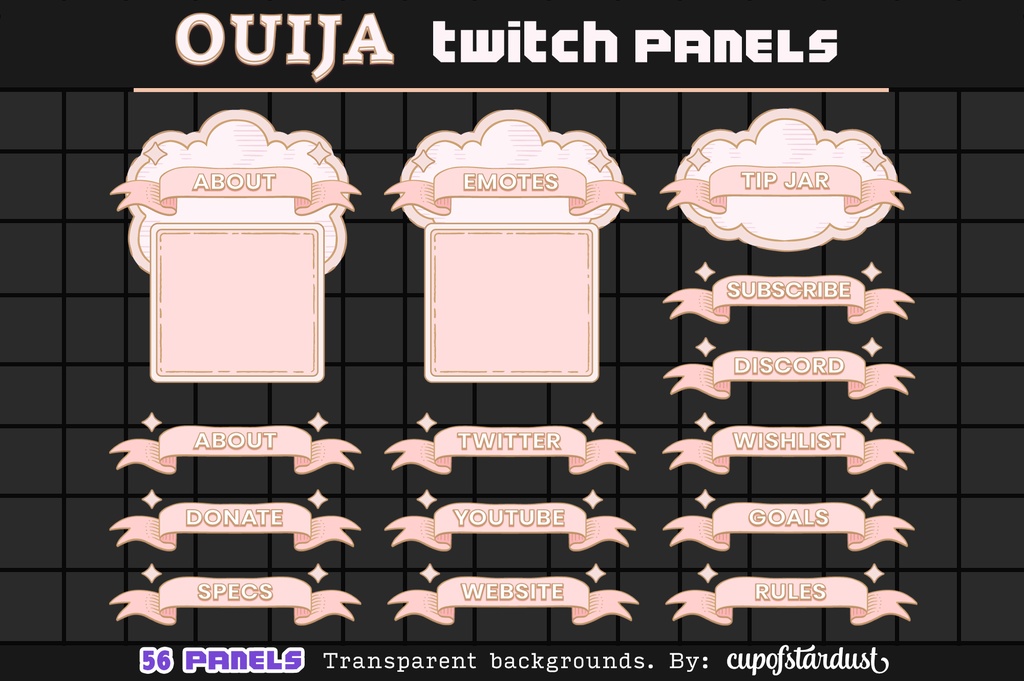 ピンクリボン＆クラウドのウィジャ風Twitchパネル素材セット｜かわいい配信バナー・パステルゴシック（英語表記＋文字なし対応）