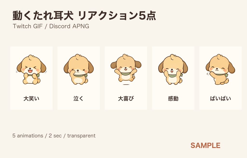 動くたれ耳犬 5反応｜Twitch GIF・Discord APNG｜収益化配信ライセンス