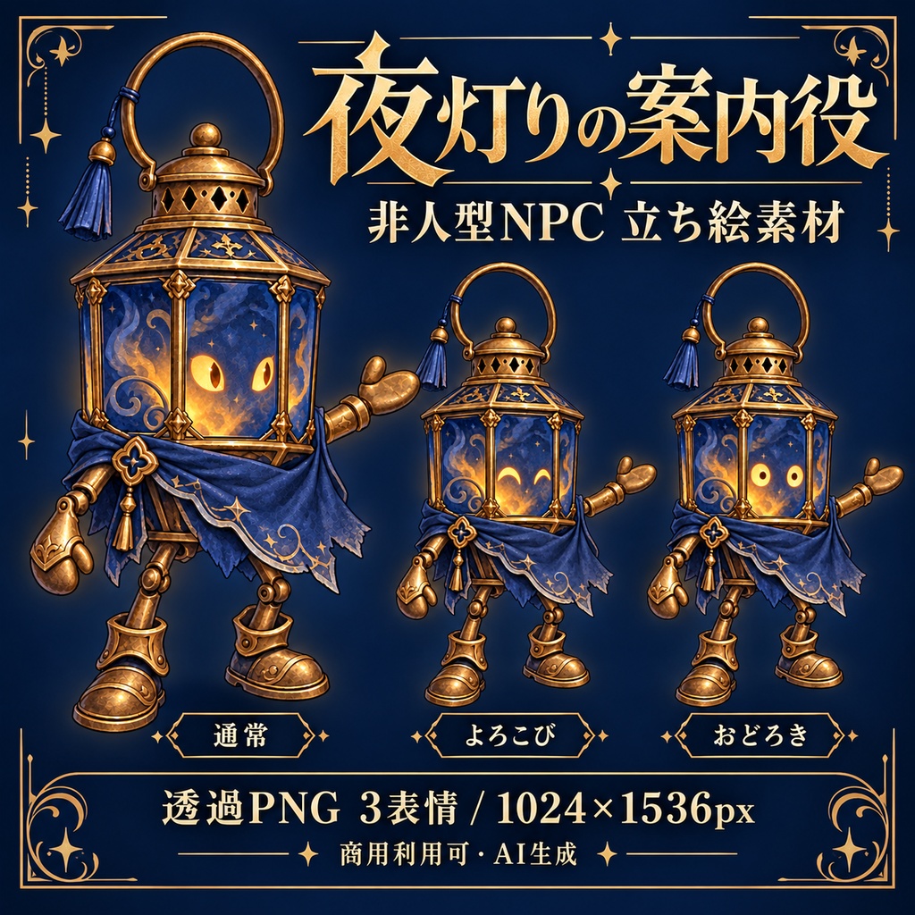 夜灯りの案内役|非人型NPC立ち絵・透過PNG3表情【AI生成】
