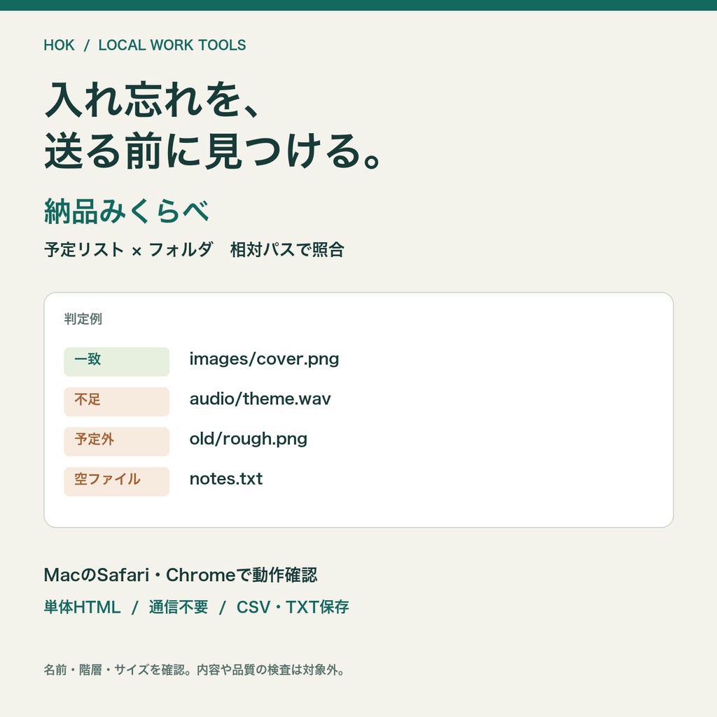 納品みくらべ|予定リストとフォルダの不足・予定外チェック【Mac動作確認/オフラインHTML】