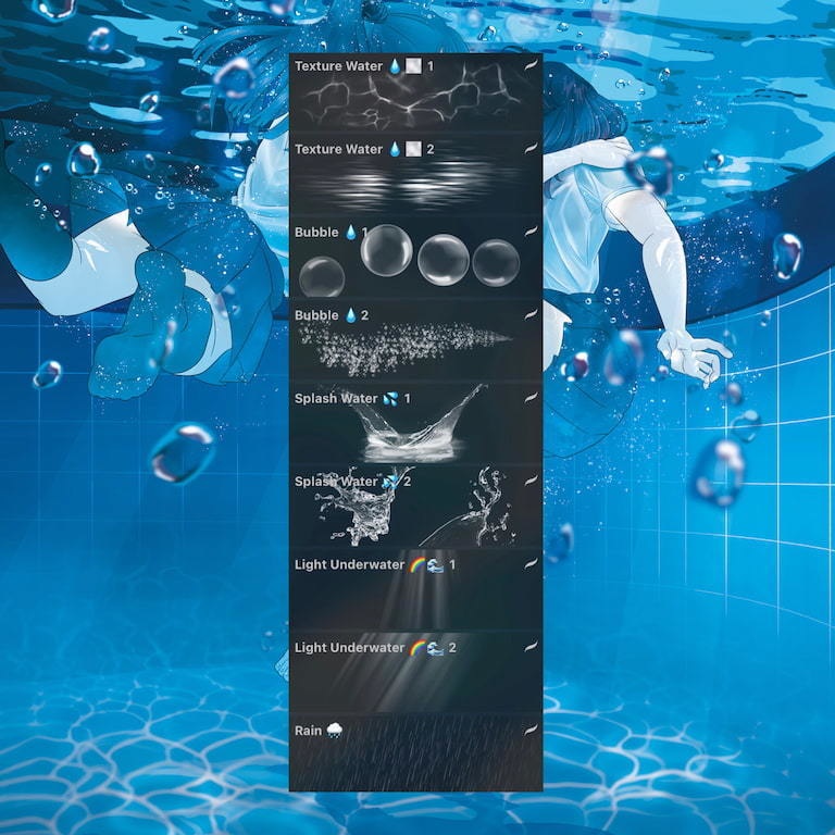 水要素ブラシ - 水の物理的表現 9種類【procreate用】