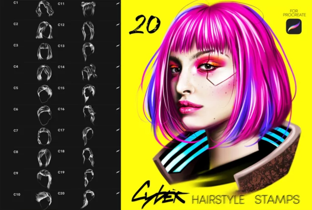 CyberPunk ヘアスタイル ブラシ 20種類【procreate用】
