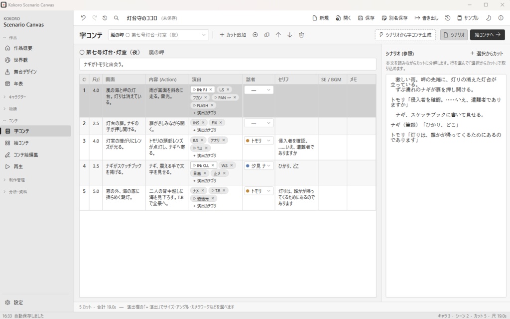 Kokoro Scenario Canvas プロトタイプ版 【外部通信一切なし/完全ローカル/物語/創作活動】