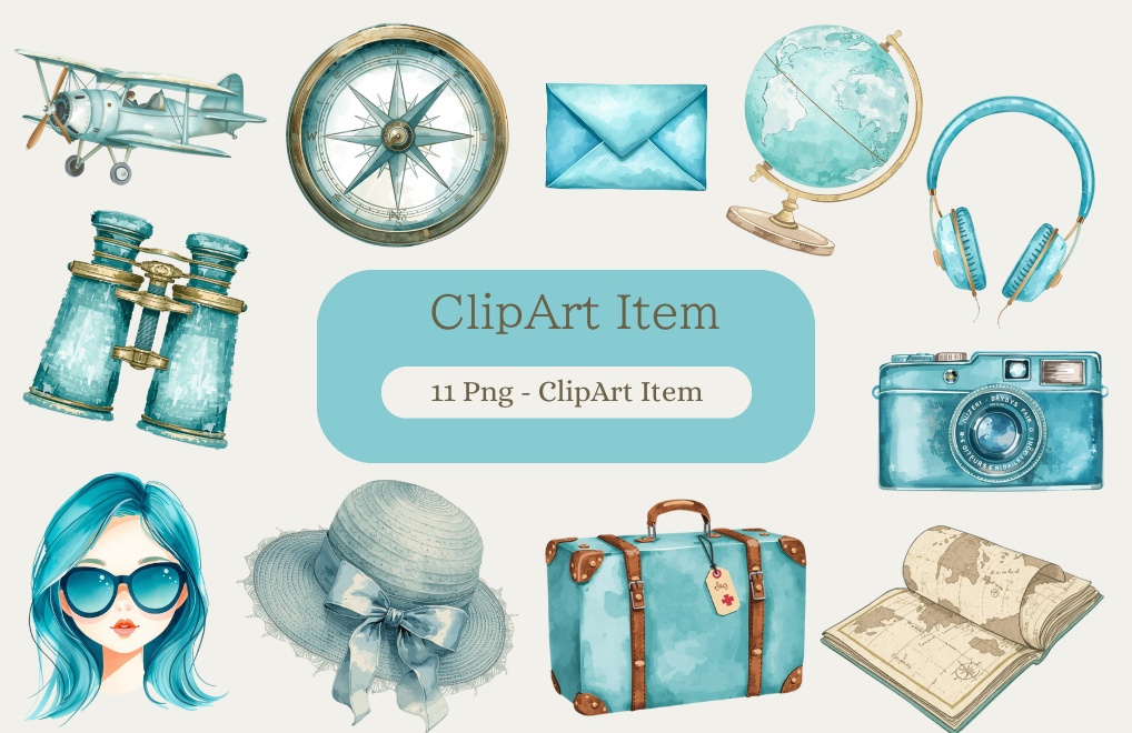 旅行シリーズ/aquablueが可愛い水彩アンティーク風Clipart