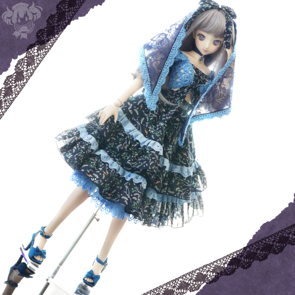 DDサイズL胸•dy胸用フリルスカート(紺地)&綿ニットトップスセット