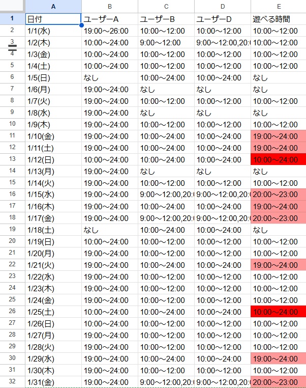 伝助コピペ可!!卓時間すりあわせ・調整・管理用スプレッドシート