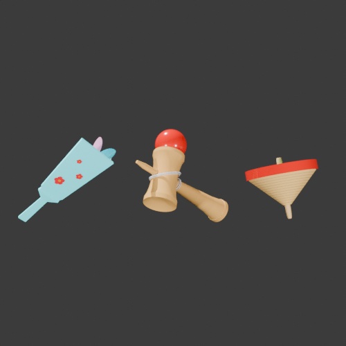 3CGモデル【NEWYEAR②】<羽子板・けん玉・コマ>