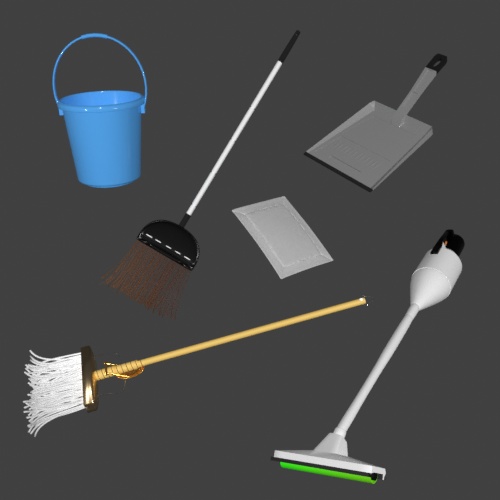 3CGモデル【お掃除セット】<箒・バケツ・塵取り・モップ・掃除機>