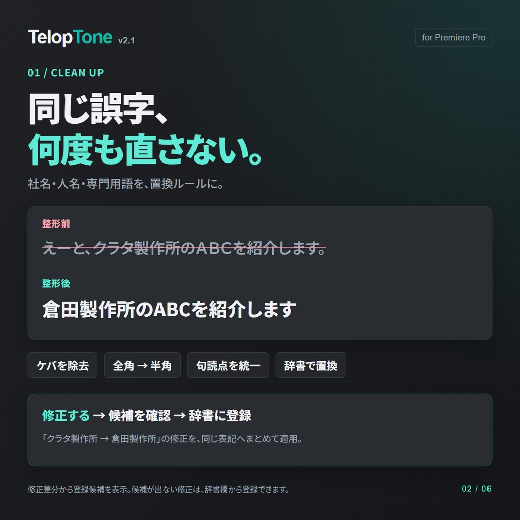 【無料Web体験版あり】TelopTone v2.1|SRT字幕のケバ取り・話者別出力・スマート分割