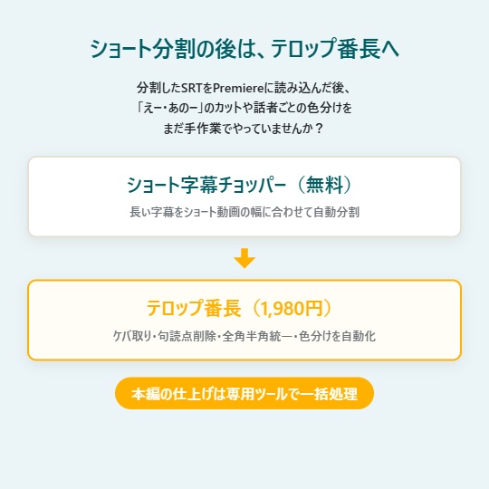 【無料】ショート字幕チョッパー|長文SRTを縦型動画向けに1秒で自動分割