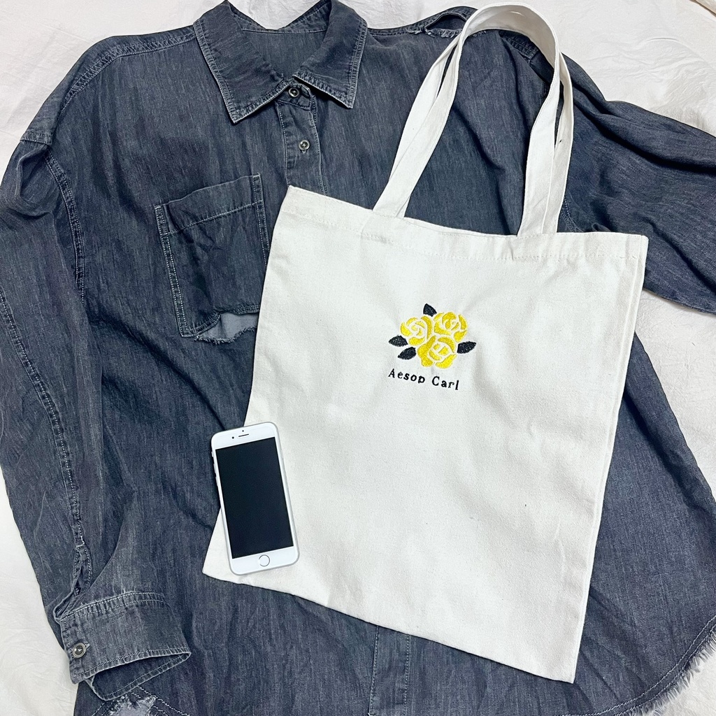 A4が入る納棺師黄色いバラ刺繍トートバッグ