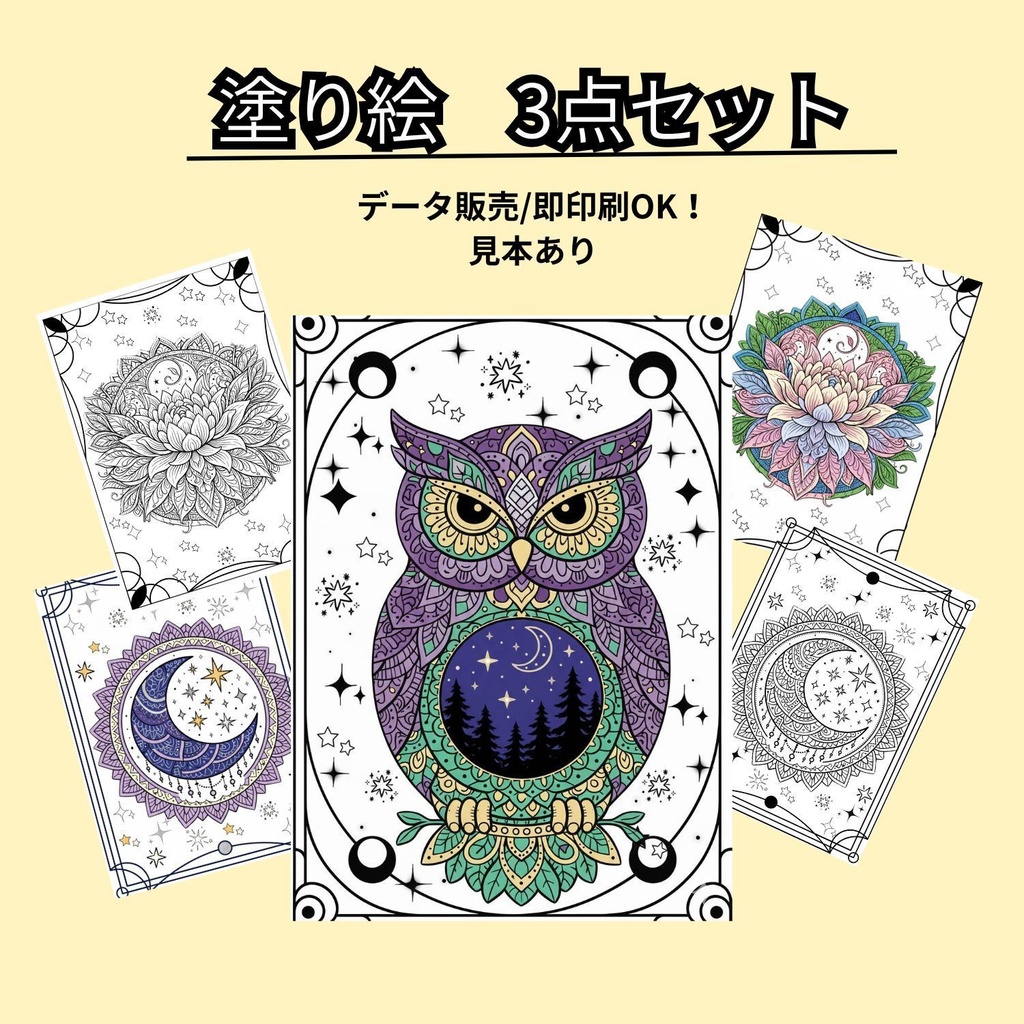 【3点セット】穏やかな夜のデジタル塗り絵～フクロウと月の神秘の花～(完成見本･カラーガイド付き)