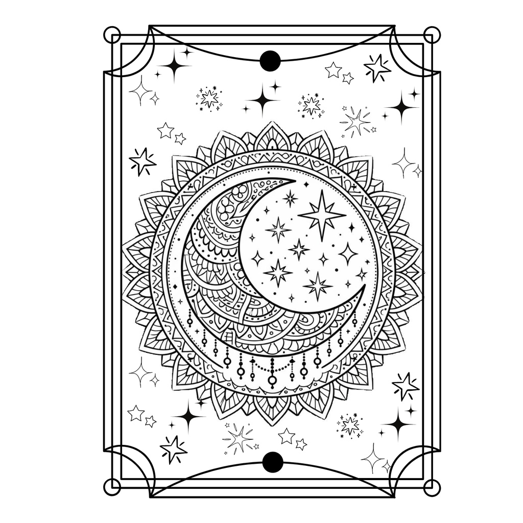 【3点セット】穏やかな夜のデジタル塗り絵~フクロウと月の神秘の花~(完成見本・カラーガイド付き)