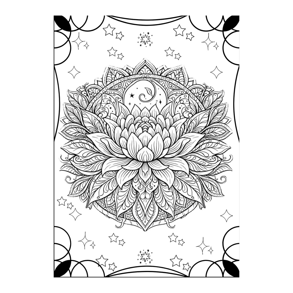 【3点セット】穏やかな夜のデジタル塗り絵~フクロウと月の神秘の花~(完成見本・カラーガイド付き)