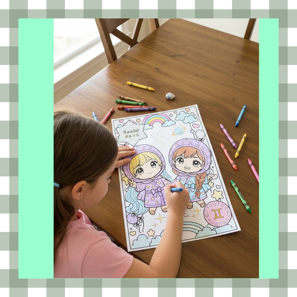 【英語も学べる】12種類ぬりえシリーズ・ふたご座(占い&カラー見本付き)デジタルデータ