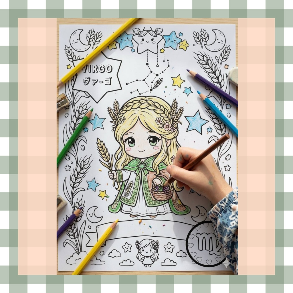【英語も学べる】12種類ぬりえシリーズ・おとめ座(占い&カラー見本付き)デジタルデータ