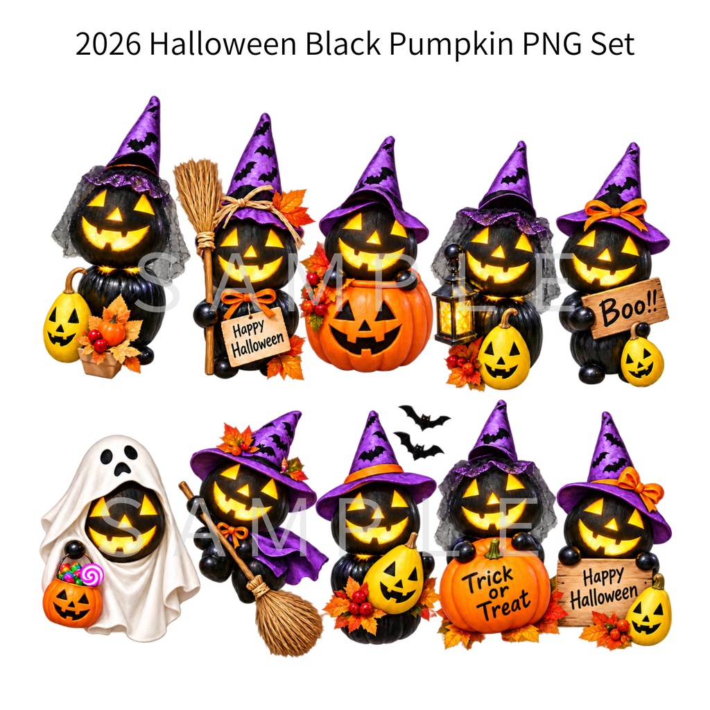 2026 Halloween Black Pumpkin PNG Set｜ハロウィン黒かぼちゃ素材 10 Designs