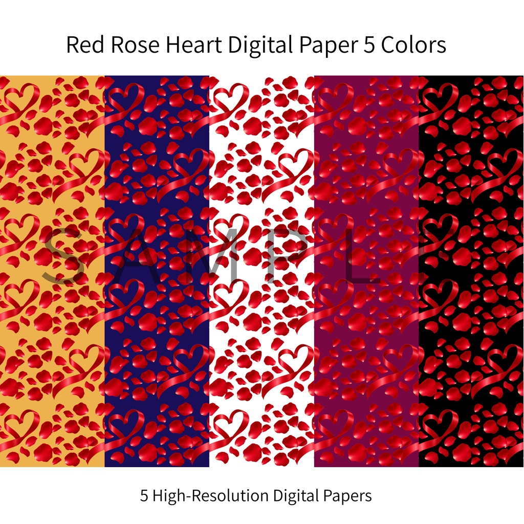 Red Rose Heart Digital Paper 5 Colors｜赤いバラ＆ハート背景素材