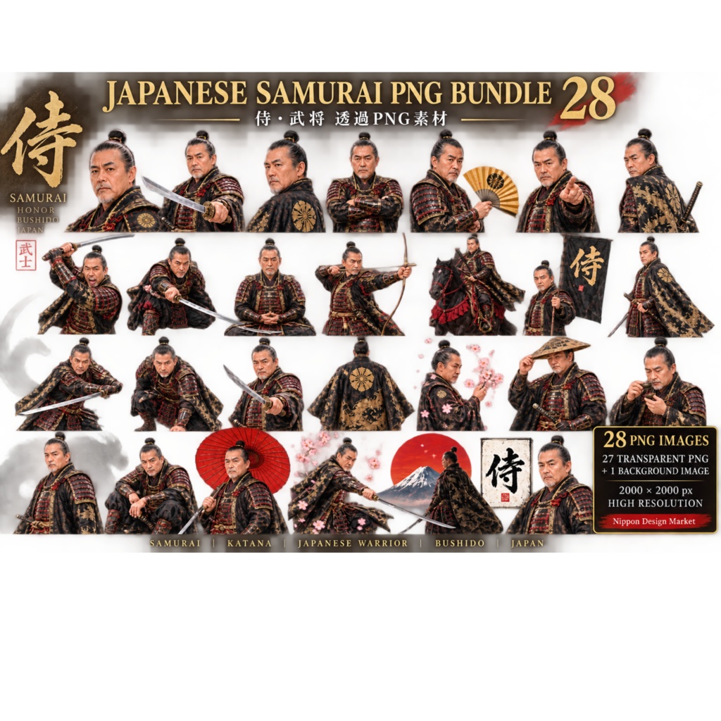 Japanese Samurai PNG Bundle 27+1｜侍・武将 透過PNG素材