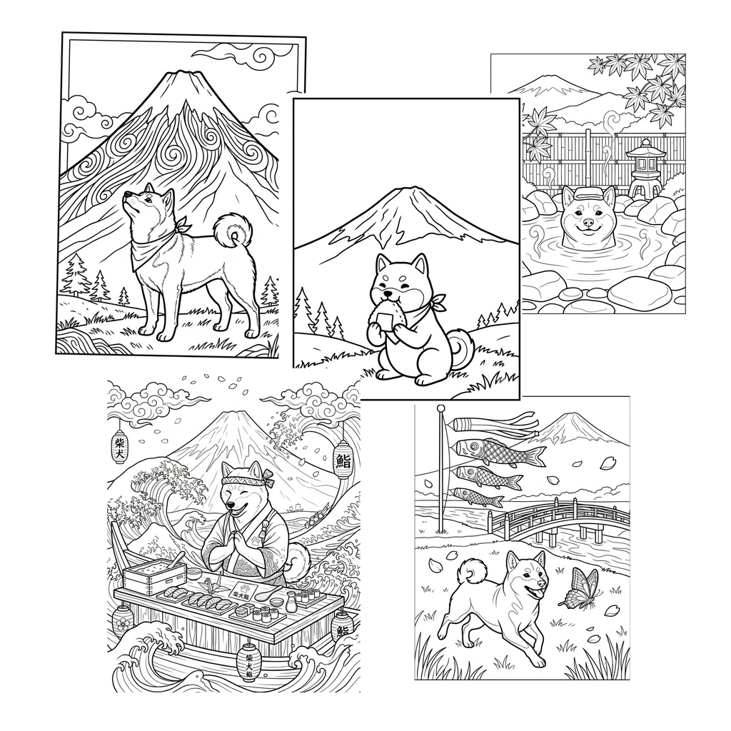柴犬ぬりえコレクション Vol.1 ~印刷して楽しめる5枚セット(利用規約付き)=Shiba Inu Coloring Collection Vol.1 – 5 Printable Coloring Pages –