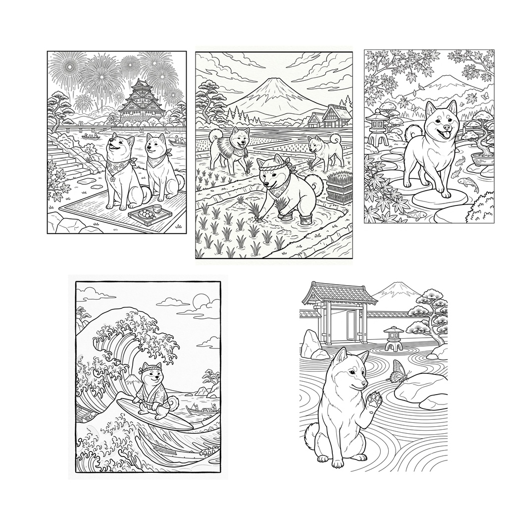 柴犬ぬりえコレクション Vol.2 ~印刷して楽しめる5枚セット(利用規約付き)=Shiba Inu Coloring Collection Vol.2– 5 Printable Coloring Pages –