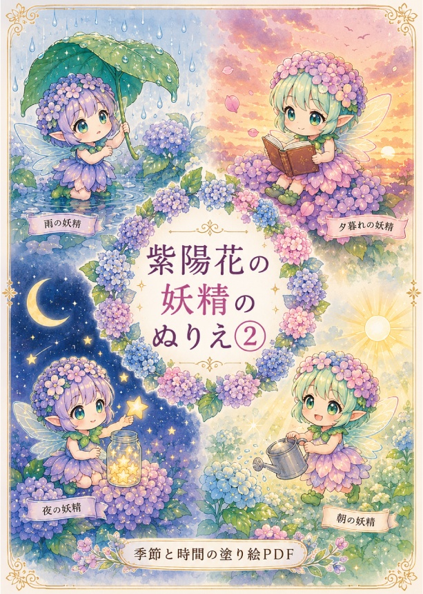 紫陽花の妖精のぬりえ②｜季節と時間のぬりえPDF