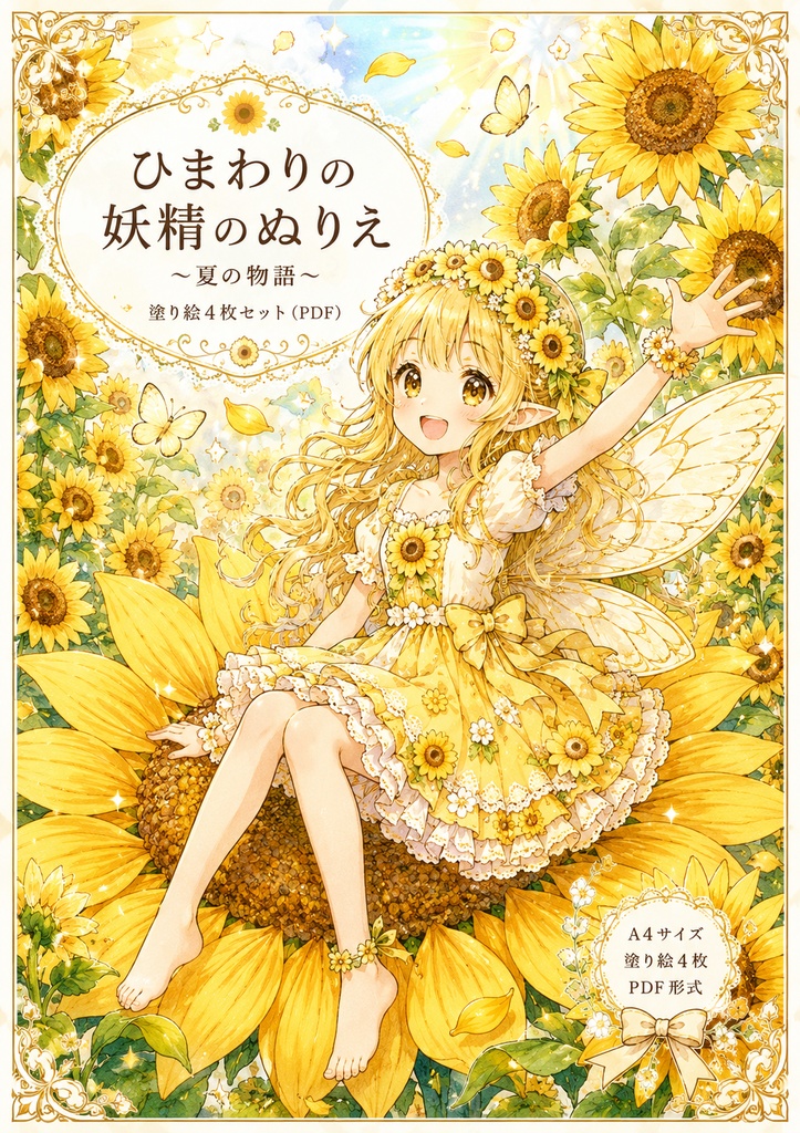 ひまわりの妖精のぬりえ|夏のぬりえPDF
