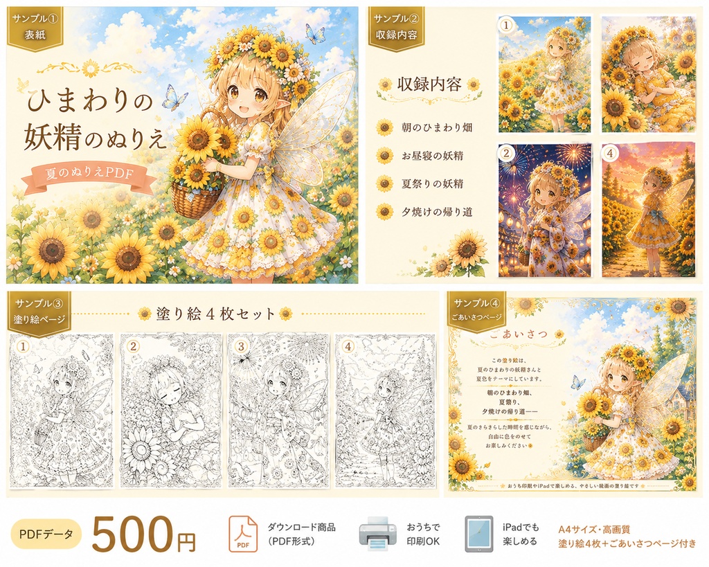 ひまわりの妖精のぬりえ|夏のぬりえPDF
