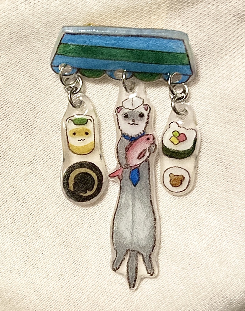 板前フェレットとゆらゆらお寿司屋さんブローチ