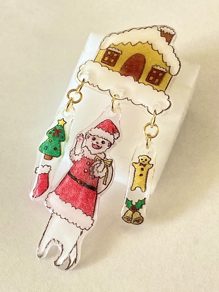 サンタフェレットとクリスマスのおうちブローチ