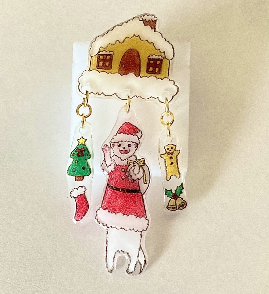 サンタフェレットとクリスマスのおうちブローチ