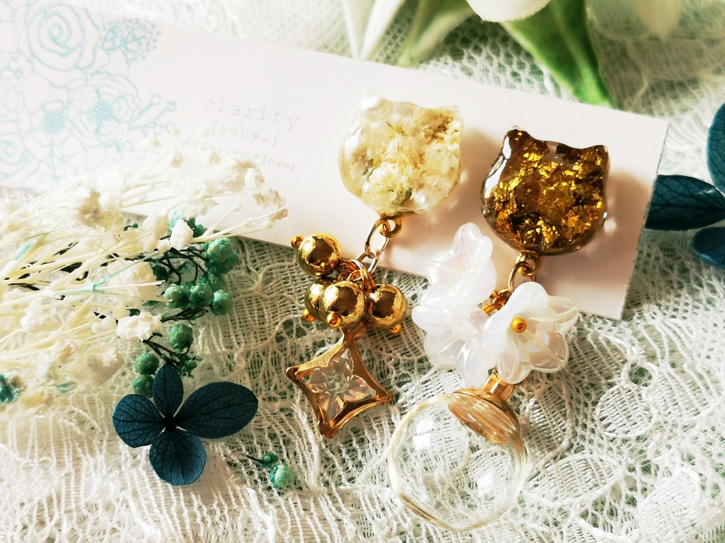 猫ちゃんドライフラワー ピアス