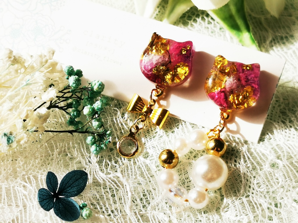 猫ちゃんドライフラワー ピアス