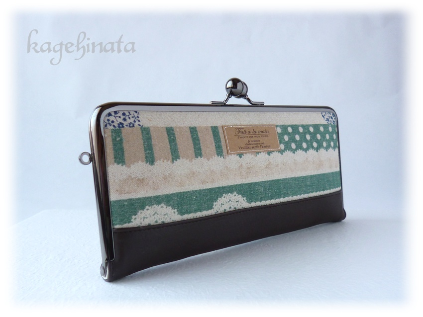 がま口長財布(パッチワークボーダー緑+合皮)