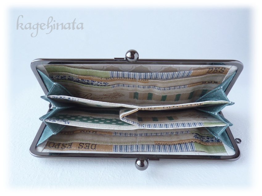 がま口長財布(パッチワークボーダー緑+合皮)