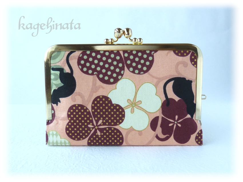 がま口ミニ財布(黒猫クローバー ピンク)