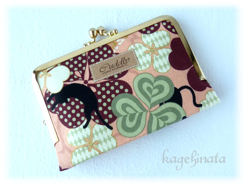 がま口ミニ財布(黒猫クローバー ピンク)