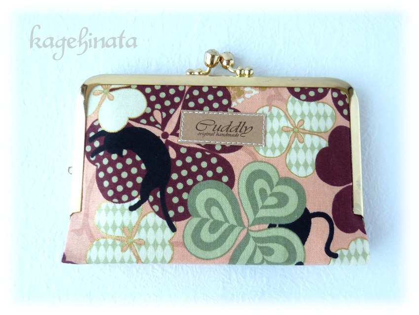 がま口ミニ財布(黒猫クローバー ピンク)