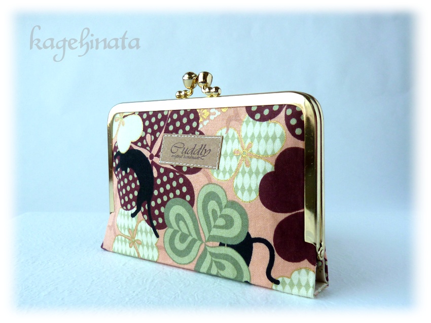 がま口ミニ財布(黒猫クローバー ピンク)