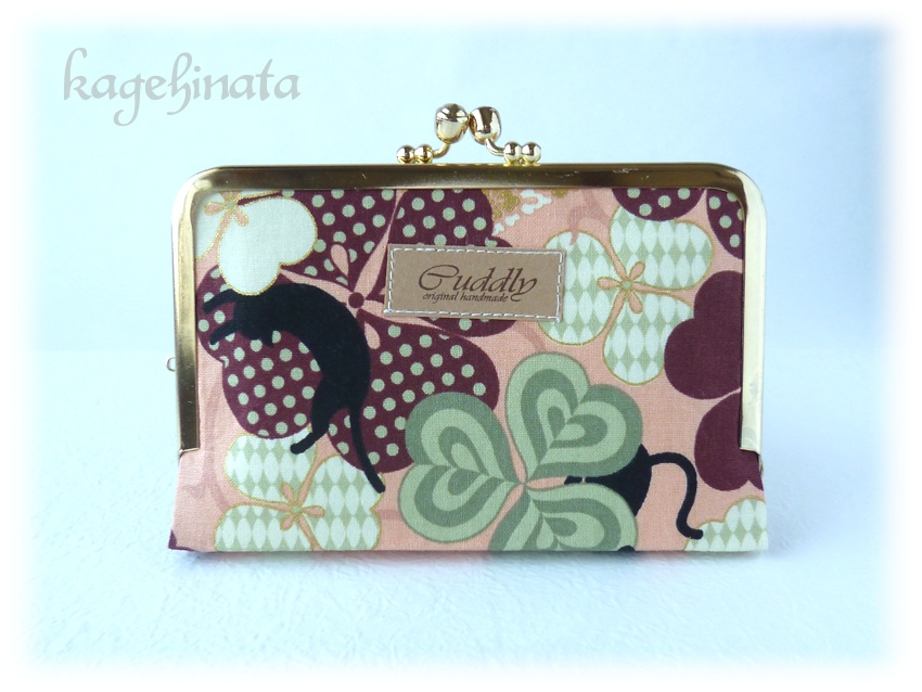 がま口ミニ財布(黒猫クローバー ピンク)