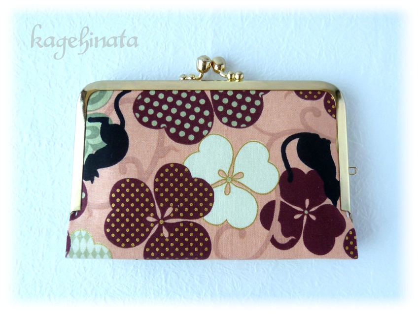 がま口ミニ財布(黒猫クローバー ピンク)