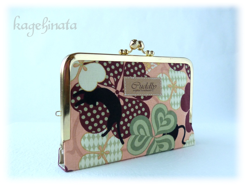 がま口ミニ財布(黒猫クローバー ピンク)