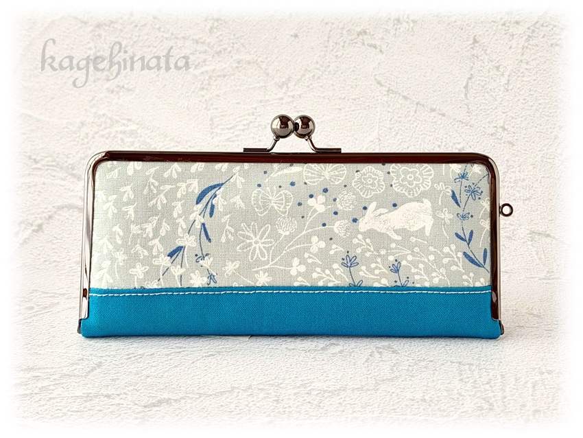 がま口長財布(ラビットフラワー:ブルーグリーン)