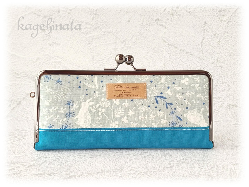 がま口長財布(ラビットフラワー:ブルーグリーン)