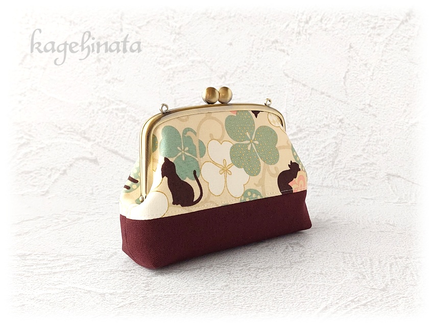 親子がま口ポーチ(黒猫クローバー:アイボリー)