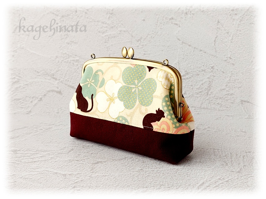 親子がま口ポーチ(黒猫クローバー:アイボリー)