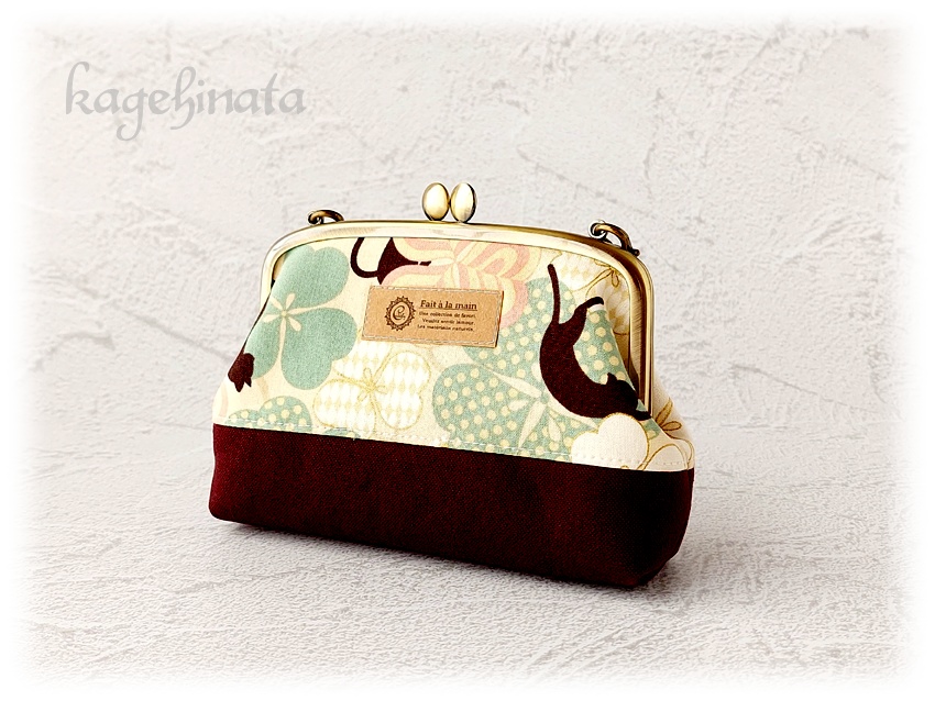 親子がま口ポーチ(黒猫クローバー:アイボリー)